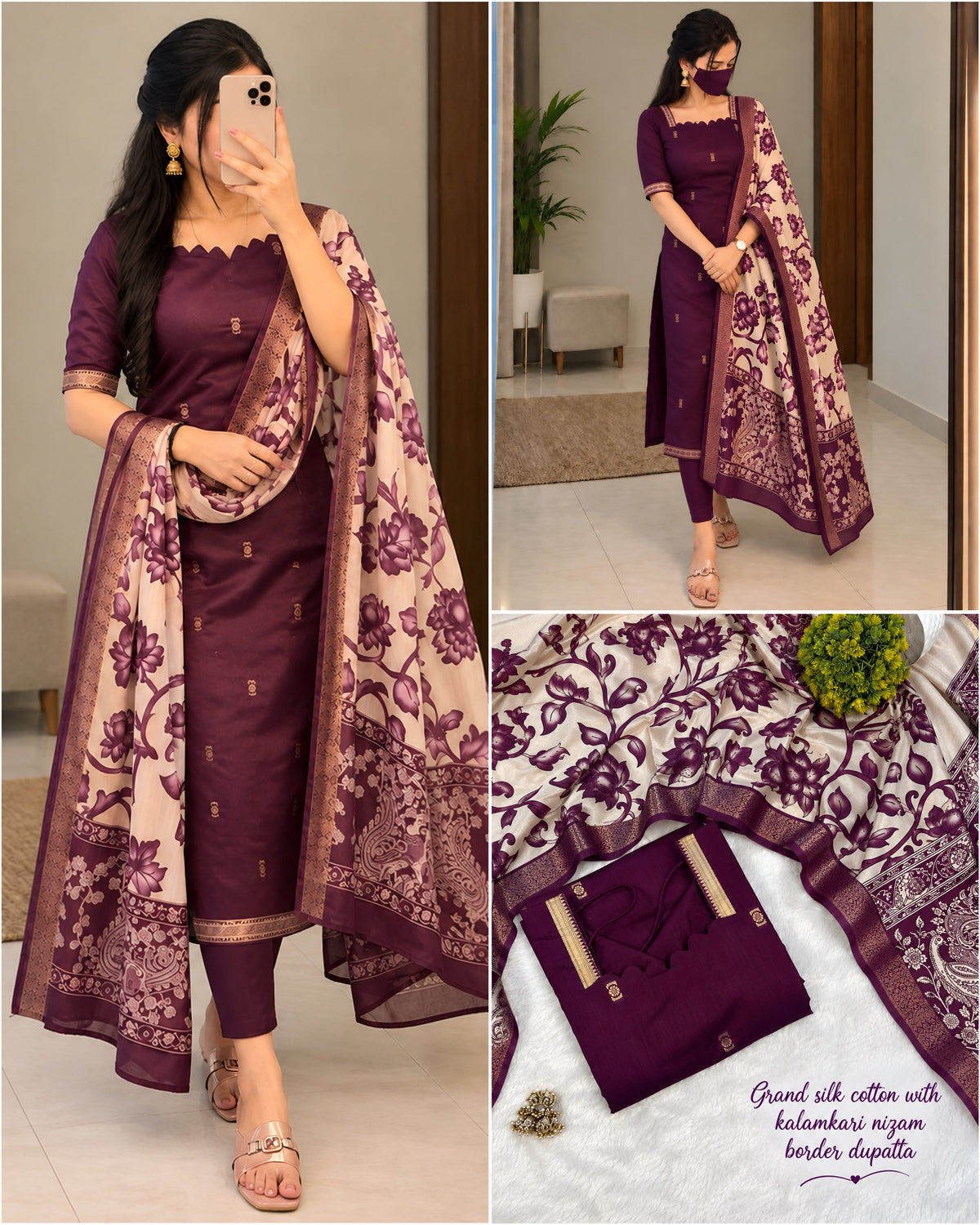 Mangalagiri Butta Silk Cotton top with Chennuri silk kalamkari Dupatta