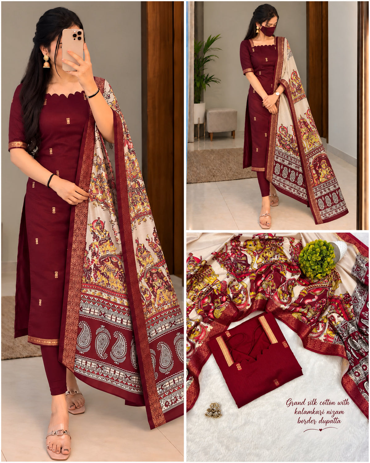 Mangalagiri Butta Silk Cotton top with Chennuri silk kalamkari Dupatta