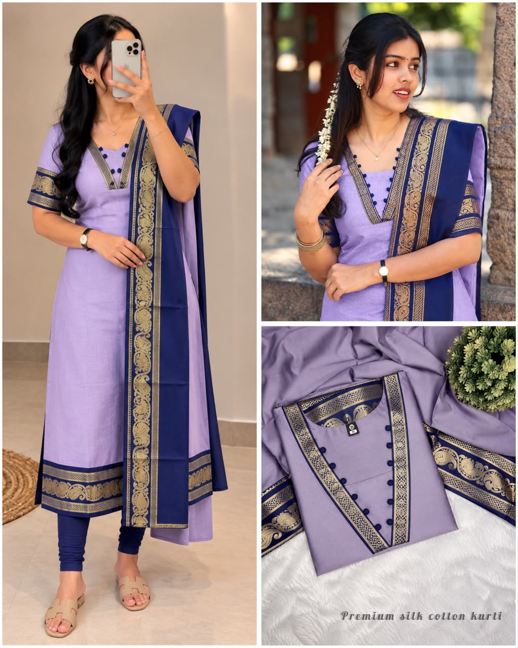 Silk cotton kurti with Zari work contrast duppata 😍🦚