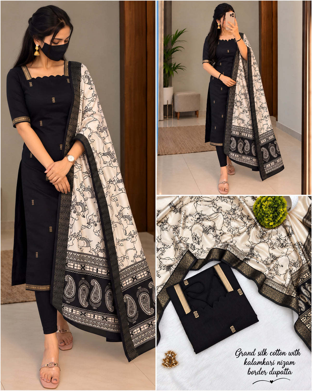 Mangalagiri Butta Silk Cotton top with Chennuri silk kalamkari Dupatta