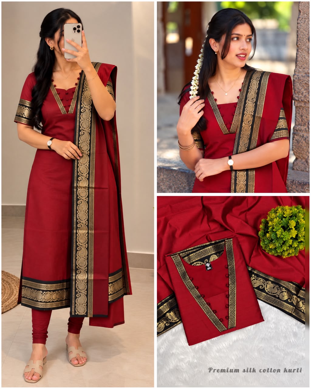 Silk cotton kurti with Zari work contrast duppata 😍🦚