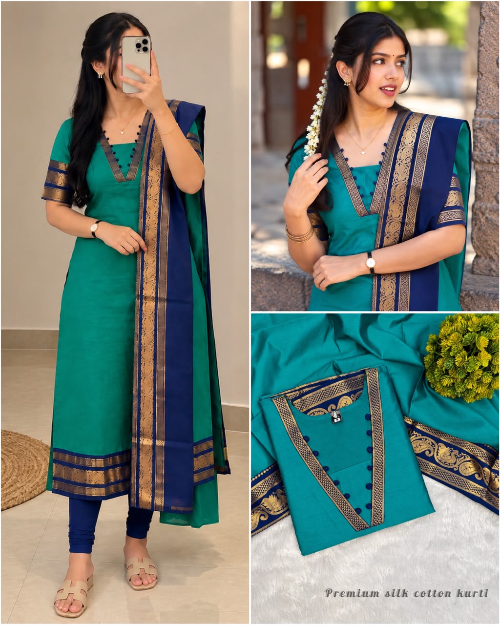 Silk cotton kurti with Zari work contrast duppata 😍🦚