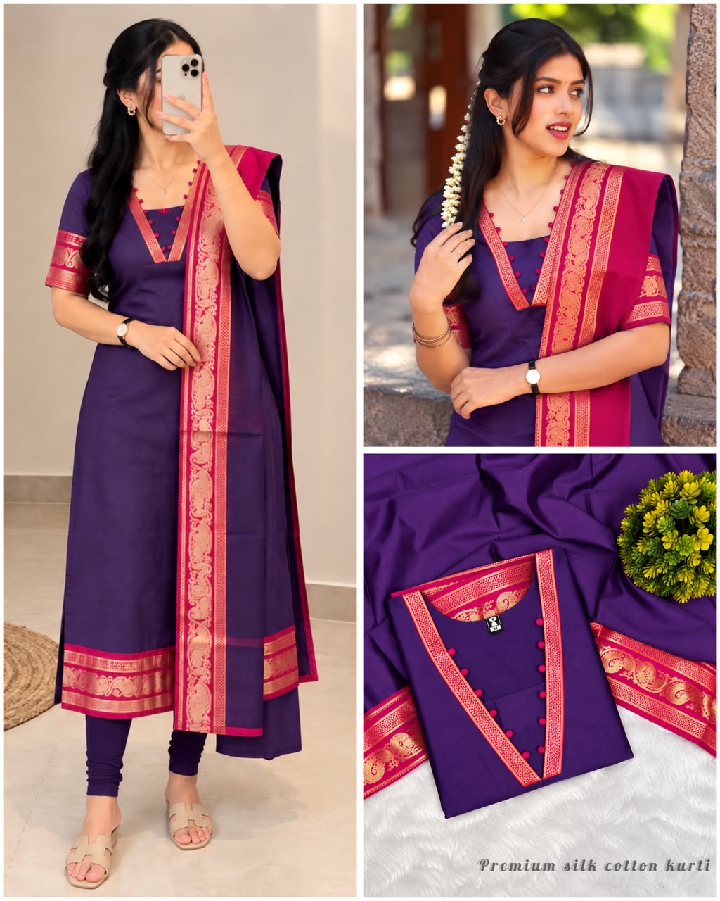 Silk cotton kurti with Zari work contrast duppata 😍🦚