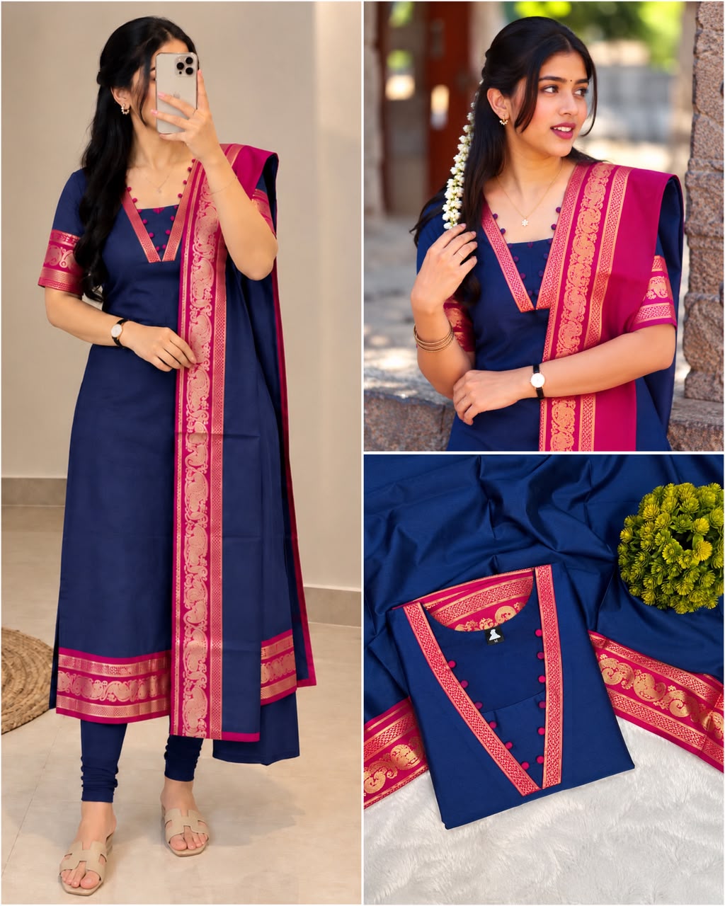 Silk cotton kurti with Zari work contrast duppata 😍🦚