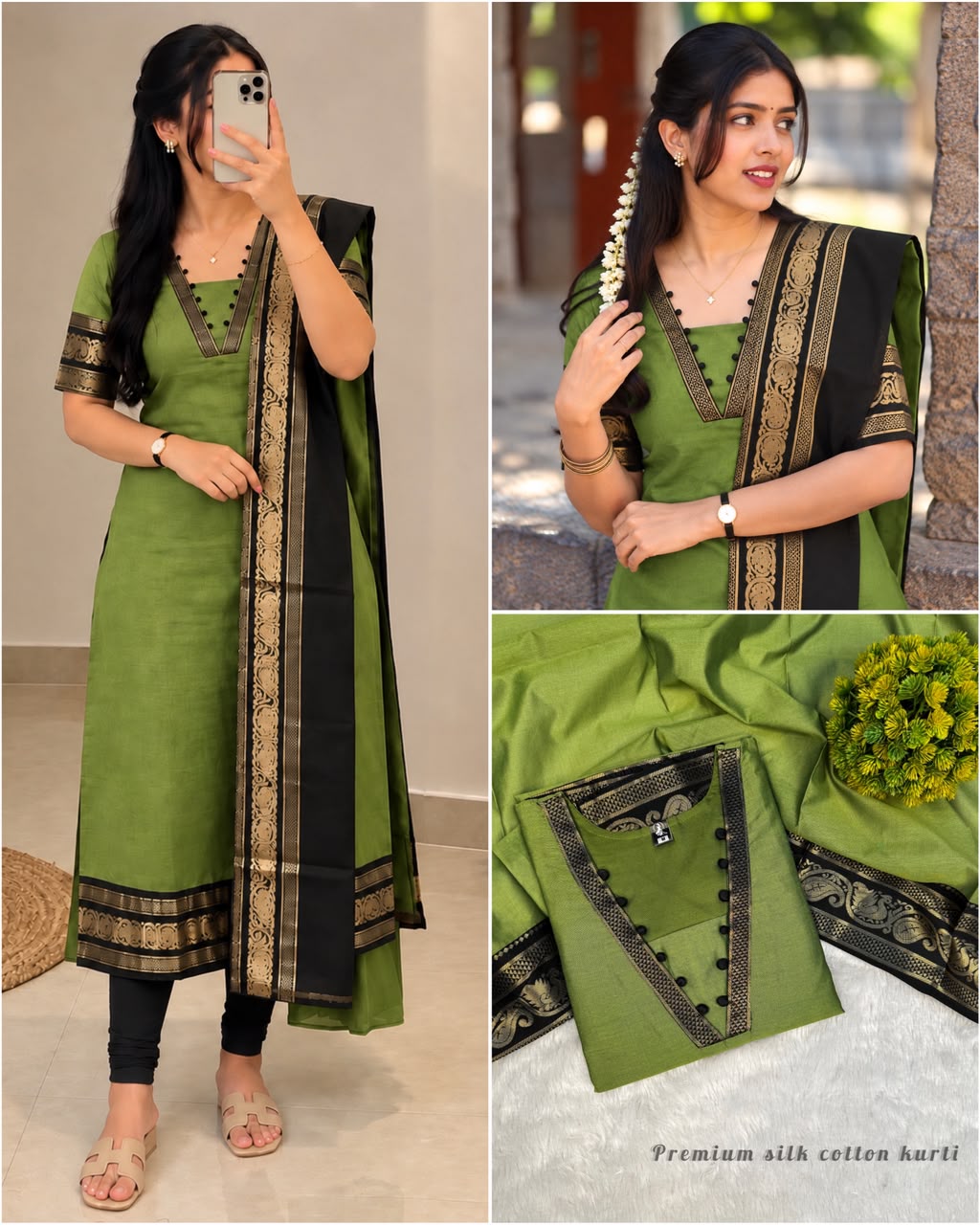Silk cotton kurti with Zari work contrast duppata 😍🦚