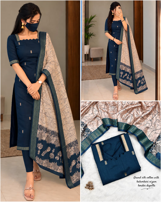 Mangalagiri Butta Silk Cotton top with Chennuri silk kalamkari Dupatta