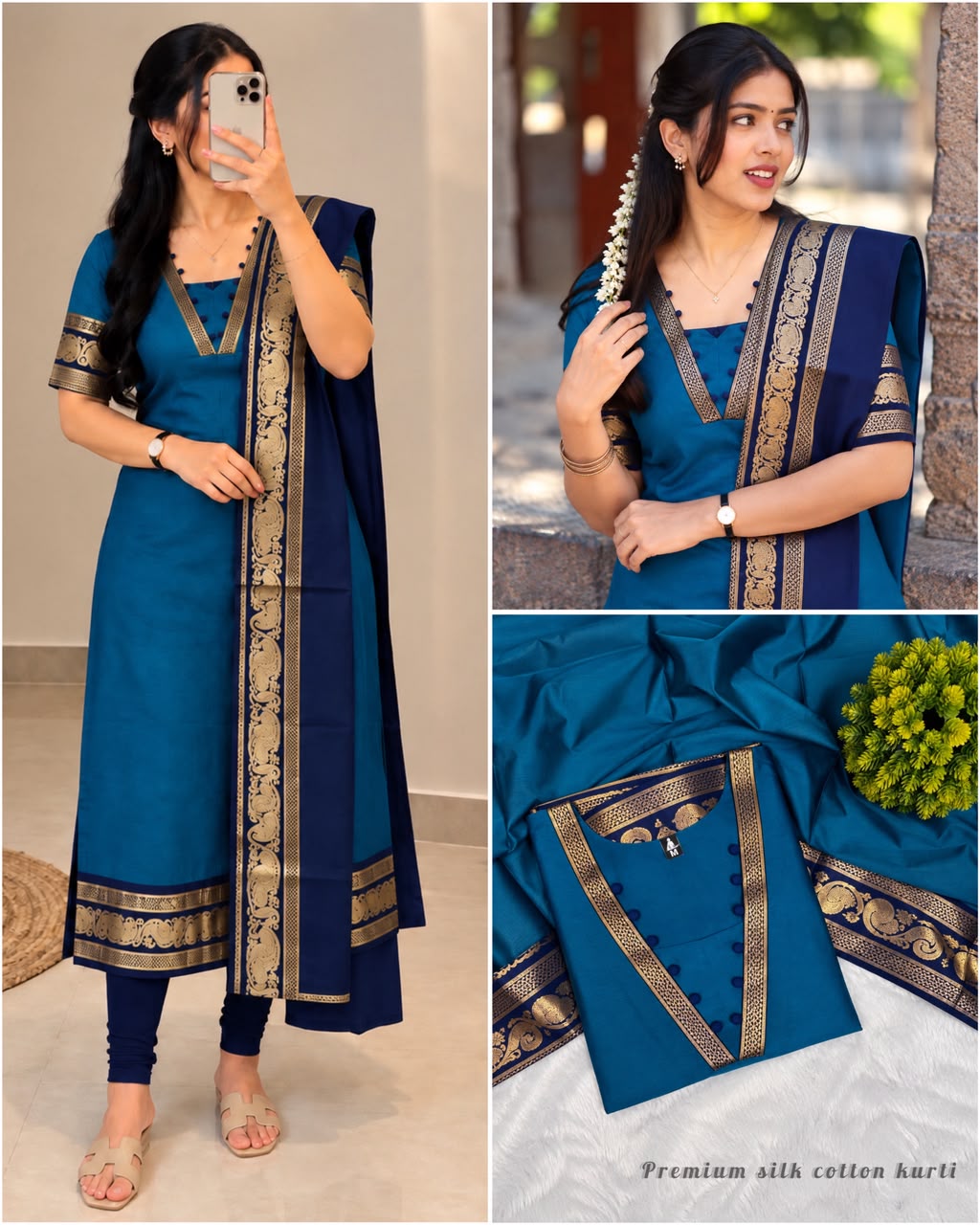 Silk cotton kurti with Zari work contrast duppata 😍🦚