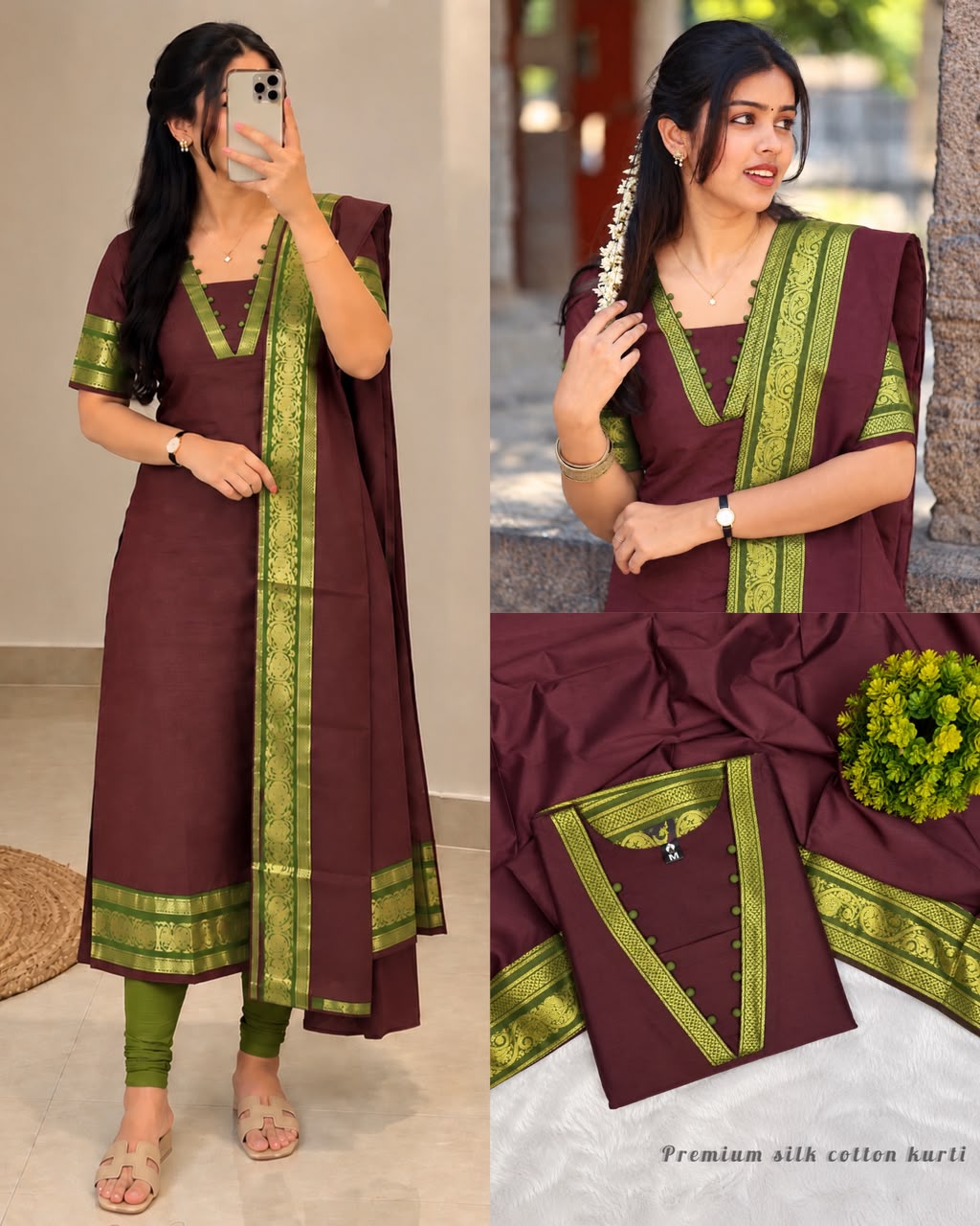 Silk cotton kurti with Zari work contrast duppata 😍🦚